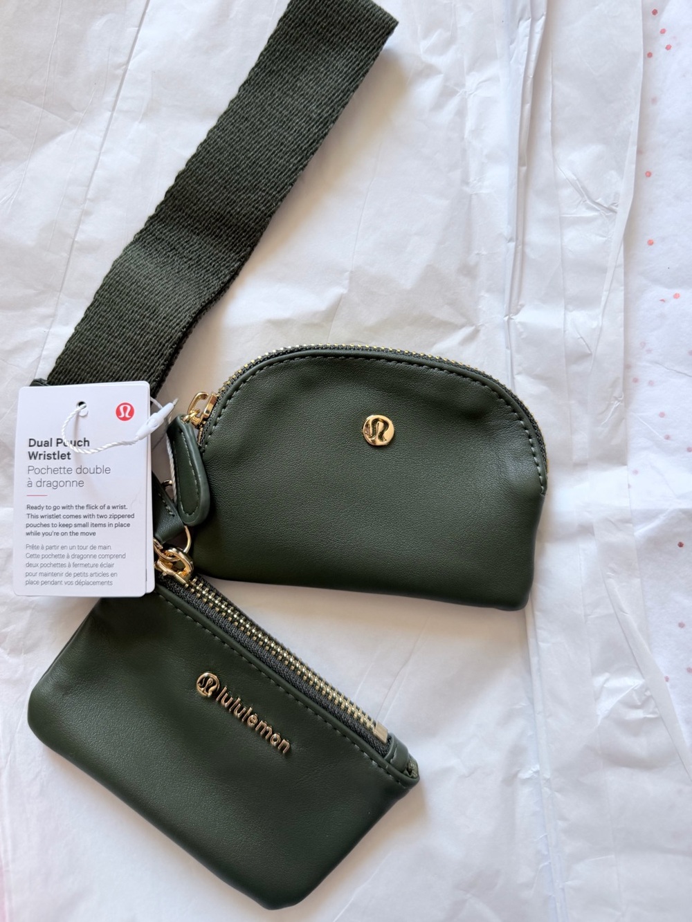 lululemon Olive Green Dual Zipper Wristlet with Gold Hardware